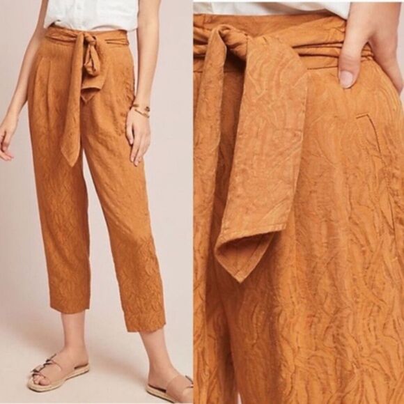ANTHROPOLOGIE ett:twa Gold Jacquard Tie Waist Boho Straight Leg Crop Pants 14 - Picture 1 of 8